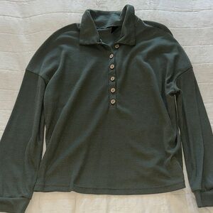 SHEIN Olive Button-Up waffle knit Long Sleeve Top